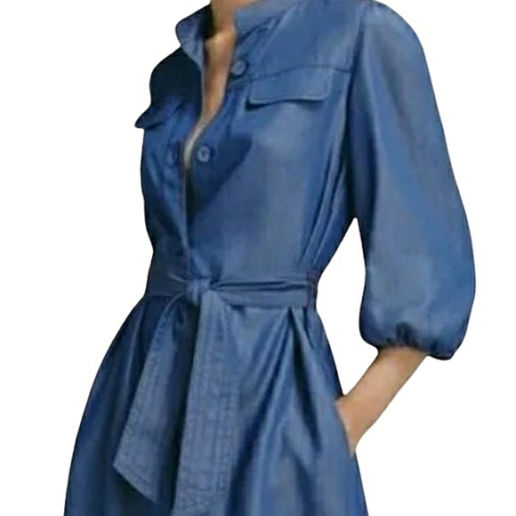 Massimo Dutti Shirt Dress 3/4 Sleeves Mockneck Minimalist Lyocell Chambray Midi - Picture 7 of 16